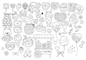 Valentine Treats Collection Outline Vector, Coquette Valentine Doodle, Kawaii Dessert Coloring Page Hand Drawn Design
