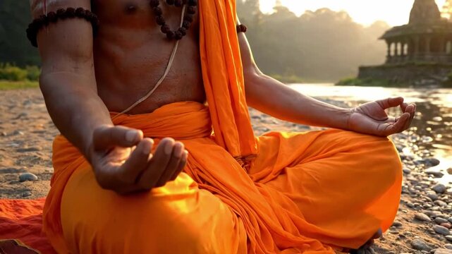 A Hindu Sadhu Meditating by a Serene River at Sunset.