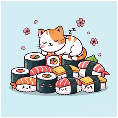 A white and orange cat sleeps atop a pile of sushi Pink flowers float in the background