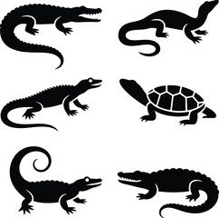 Fototapeta premium Black reptile silhouettes bundle alligator crocodile