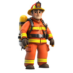 Friendly Firefighter in Orange Uniform with Yellow Stripes 3D Render