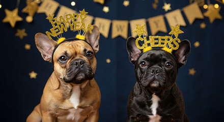 Festive French Bulldogs Celebrate New Year: Two adorable French Bulldogs sport celebratory headbands, ready to welcome the New Year with joy, surrounded by decorations.