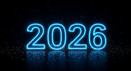 Illuminating the Future: A radiant neon sign spells out the year 2026, casting a futuristic glow against a dark backdrop. This visual embodies anticipation and innovation.