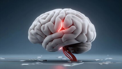 3D illustration of brain with glowing red neural connections and wires extending downward symbolizing artificial intelligence technology and brain computer interface digital network futuristic design - Powered by Adobe