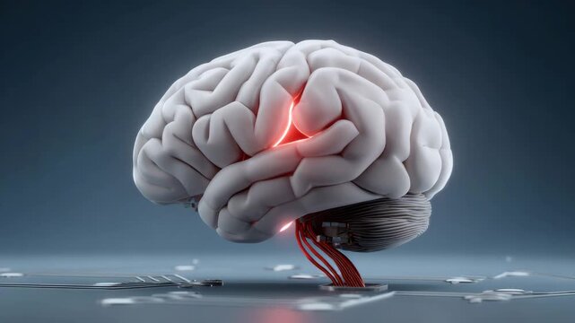 3D illustration of brain with glowing red neural connections and wires extending downward symbolizing artificial intelligence technology and brain computer interface digital network futuristic design - Powered by Adobe