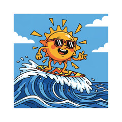 Cartoon sun character surfing on a wave