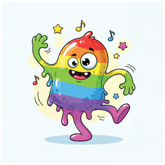 Rainbowstriped oneeyed bloblike figure dancing amidst stars and musical notes