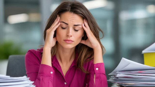 Woman headache stressed businesswoman office paperwork tired frustration work pressure indoor casual shirt overwhelmed documents files sitting desk employee feeling pressure