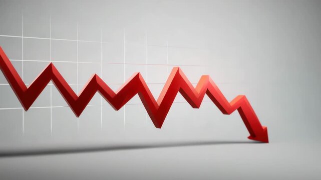 Red downward arrow graph showing decline and loss in business finance with gray background and grid lines symbolizing economic downward trend and financial decrease negative trend