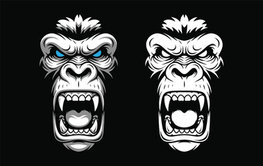 Two stylized gorilla faces, one with blue eyes, displaying aggressive expressions against a black background.