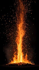 Burning Bonfire With Flying Sparks And Glowing Flames Rising In Dark Night Creating Hot Fiery Energy Background