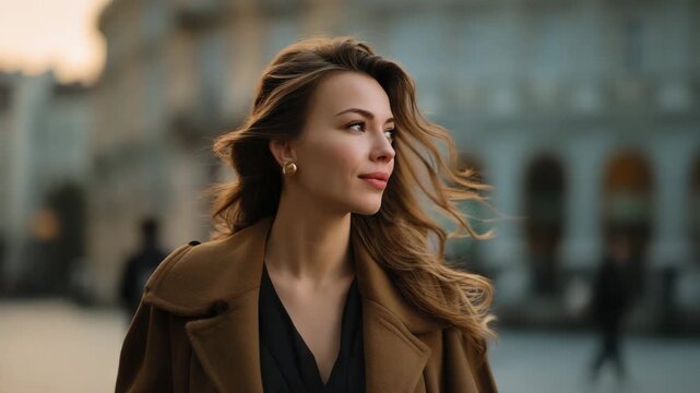 Young woman with long hair wearing brown coat and gold earrings outdoors in urban setting during sunset, thoughtful fashion portrait with soft natural light and calm confident expression