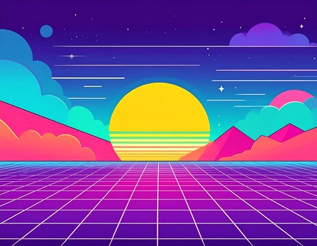 Retro Wave Sunset - A Nostalgic Synthwave Landscape.