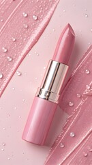 Elegant Pink Lipstick On Glossy Makeup Background With Water Drops Representing Beauty Cosmetic And Glamour