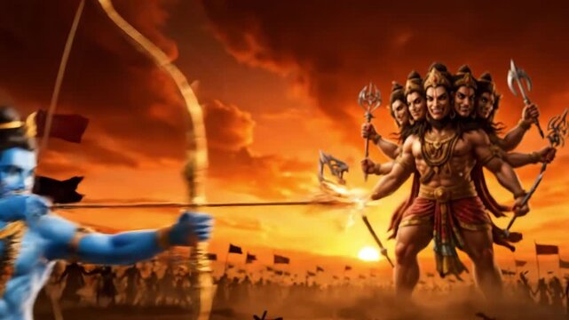 Fearsome Image of Hindu God with Multiple Heads and Arms Holding Weapons Against Fiery Sunset Backdrop, Ancient Mythology, Divine Power