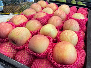 Photo of Fuji apple fruit with magenta pink protective foam net packaging, showing fresh and good quality fruit in the market