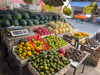 
You can see various types of fruit being sold at one of the fruit vendors' stalls in the traditional market in Surabaya, Indonesia. There are local, export, import, fresh, organic and high-quality