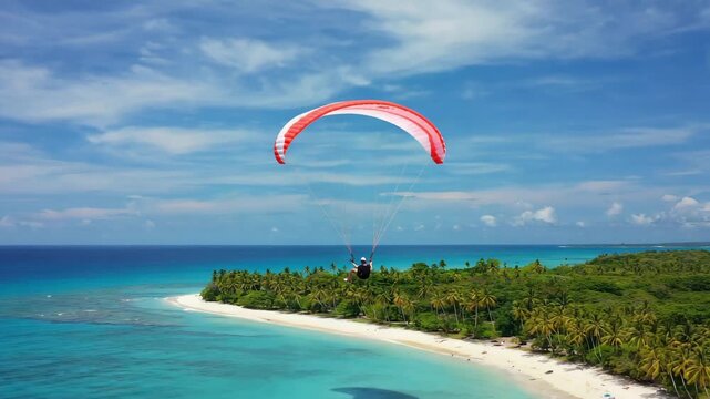 Red paraglider flying near mountains and turquoise bay