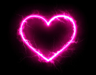 Pink lightning heart glowing neon effect on black background