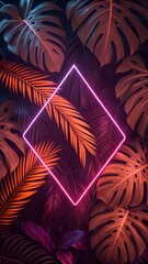 Neon Diamond Frame Glowing Over Tropical Leaves In Dark Background With Vibrant Pink And Orange Light Effect