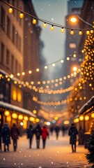 Beautiful City Street Decorated With Warm Christmas Lights And Snow Falling During Festive Winter Evening