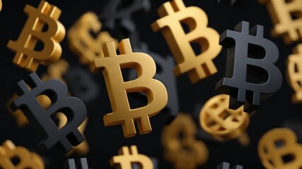 Cryptocurrency symbol floating black and gold colors representing digital currency blockchain technology with dynamic futuristic style golden and black digital currency symbols floating dark space - Powered by Adobe