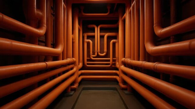 Orange pipe system in dark industrial corridor features complex mechanical structure and symmetrical pattern, showcasing intricate design and utility installation for maintenance access engineering