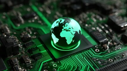 Globe circuit board technology green light microchip digital electronics earth network data innovation connection futuristic hardware computer global communication system close up abstract science - Powered by Adobe