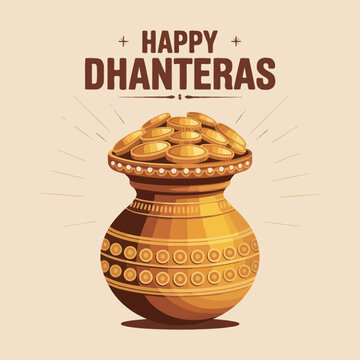 Happy Dhanteras with Gold Coins and Traditional Pot Design