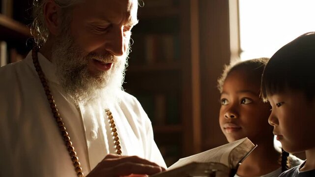 Interfaith Learning Spiritual Leader Sharing Wisdom with Children in a Warm, Inclusive Setting, Fostering Understanding and Religious Tolerance Through Education