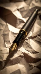 Naklejka premium Classic fountain pen with a gold nib on crumpled paper.