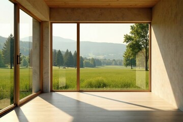 Obraz premium Serene Room with Expansive Views of Rolling Green Fields and Distant Mountains Through Floor-to-Ceiling Windows