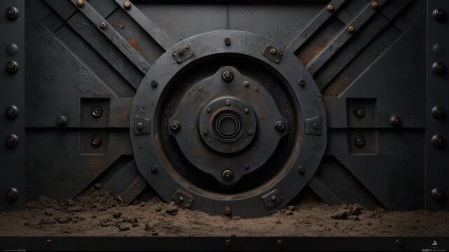 Rusty heavy metal vault door with aged bolts and industrial security lock showing strong metal texture and mechanical strength in dark environment with dirt and rust on floor