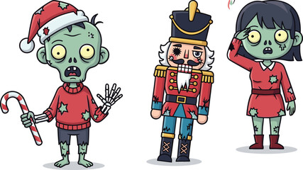 Zombie Santa, Nutcracker Soldier, and Undead Woman in Festive Christmas Costumes with Horror Twist, Cartoon Style Holiday Vector Illustration