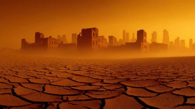 Desolate cracked earth and dry soil surround abandoned building ruins under orange sky, creating arid post apocalyptic wasteland filled with dust and haunting desolate landscape atmosphere