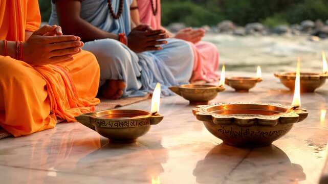 Hindu devotees performing a traditional Aarti ceremony with oil lamps by the sacred Ganges River at dusk.