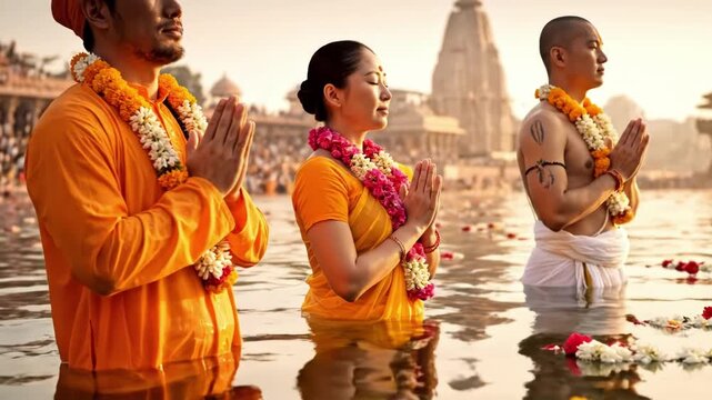 Hindu devotees performing a sacred ritual in the holy waters of the Ganges River at sunrise.