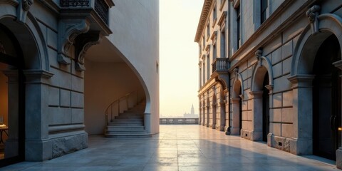 Fototapeta premium Serene Courtyard Architecture Sunlit Stone Pathways, Elegant Arcades, and a Graceful Staircase Leading to Tranquil Vista