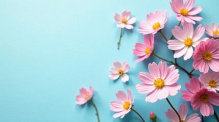 Obraz premium Delicate Pink Cosmos Blossoms Arranged on a Light Blue Background, Creating a Serene and Elegant Floral Design Perfect for Invitations or Greeting Cards