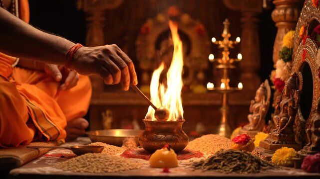Hindu Priest Performing Traditional Puja Ceremony with Sacred Fire and Offerings.