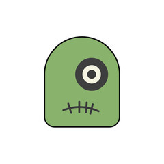 Cute Flat Design Green One-Eyed Zombie Monster Icon with Stitched Mouth: Vector Graphic for Halloween, Spooky Fun, Cartoon Character, and Horror-Comedy Concepts