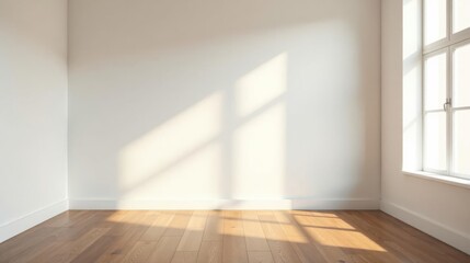 Obraz premium Sunlit Empty Room with Hardwood Floor and White Walls Ideal for Interior Design Mockups and Presentations