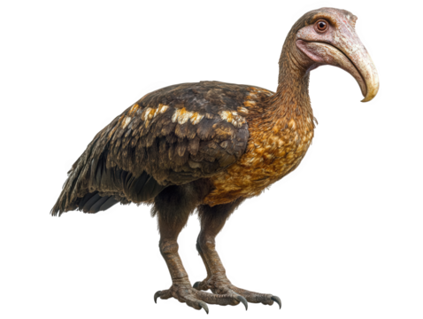 A curious looking, extinct elephant bird stands tall, isolated on transparent background, showcasing its unique beak and plumage, a relic of madagascars past