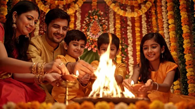 Indian Family Performing Traditional Puja Ceremony with Sacred Fire and Offerings.