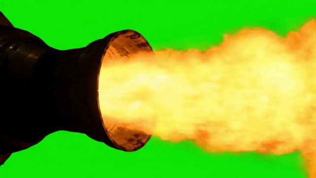 Powerful jet engine exhaust with bright flames against a green screen background