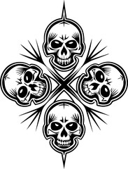 Fototapeta premium SVG vector of a skull and skeleton tattoo set against choir altars with a Halloween vibe. Intricate Black and White Skull Design with Sharp Edges and Detail