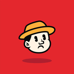 Cartoon face of a calm boy wearing a yellow hat, showing a neutral expression. Flat bold vector illustration with red background, ideal for mascot, emoji, or branding design