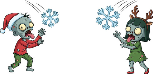 Funny cartoon zombies in Christmas costumes with snowflakes, Santa hat, antlers, festive horror holiday theme, isolated white background illustration