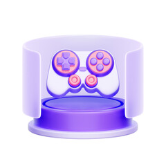 3D icon of a gamepad on a display stand For showcasing gaming accessories, e-sports equipment, new controller technology, and video game collectibles. © Charcoal3d