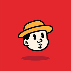Cartoon face of a calm boy wearing a yellow hat, showing a neutral expression. Flat bold vector illustration with red background, ideal for mascot, emoji, or branding design